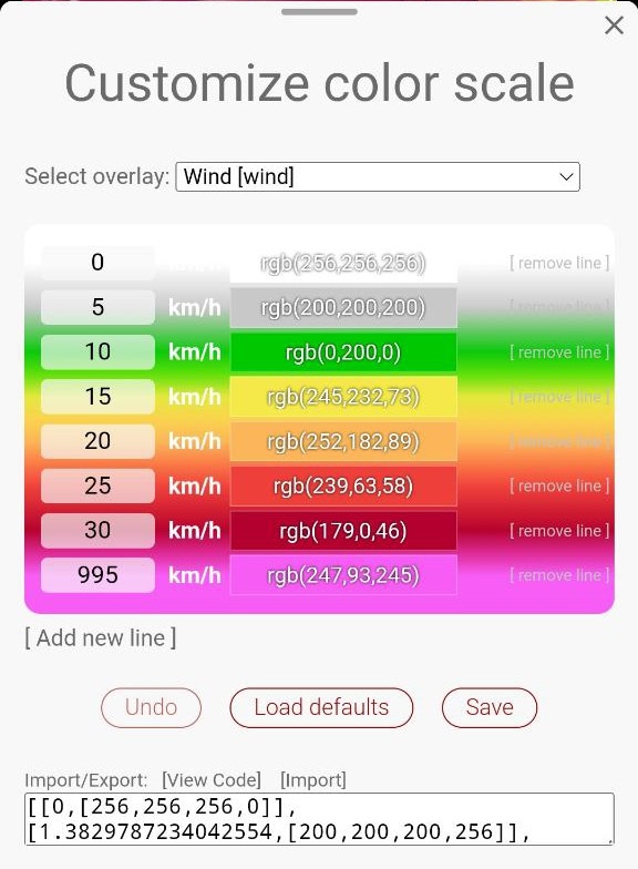 Adjusted colour scale for wind in Windy